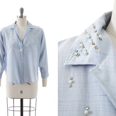 Vintage 1950s Blouse | 50s Pearl Beaded Rhinestones Chambray Cotton Light Blue Collared Button Up Three Quarter Sleeve Top (large/x-large) 