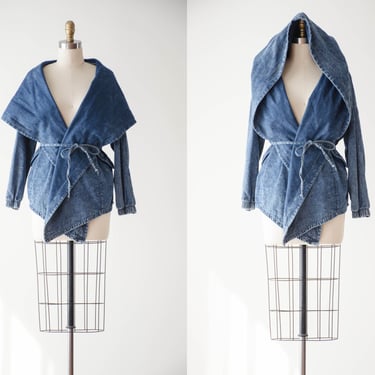 vintage jean jacket | 90s y2k dark wash denim avant garde dramatic shawl collar hooded wrap jacket 