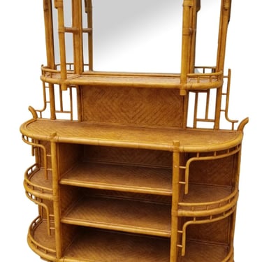 Restored Rattan Wicker , Book Shelf w/ Mirror By Maitland Smith 