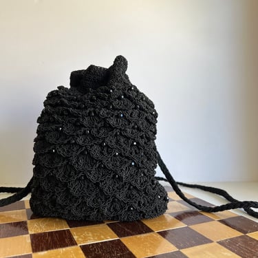 90s Black Woven Embellished Drawstring Small Backpack 