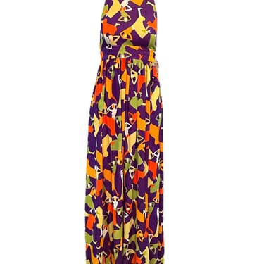 Leslie  70s Purple Poly Halter Maxi Dress with Whimsical Print