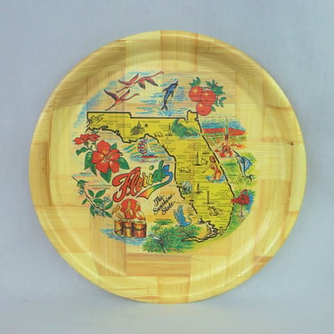 Vintage 1980s Florida Bamboo Tray - Vintage Round Tourist Souvenir - 13