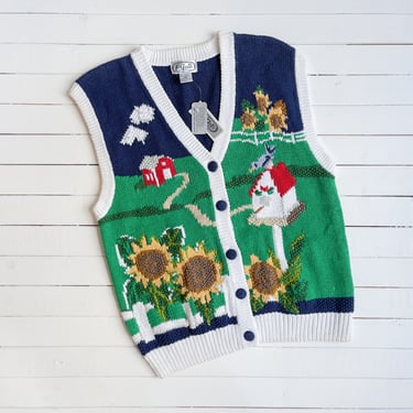 embroidered sweater vest | 80s 90s vintage P'Galli blue green cottagecore sunflower farm country scenic streetwear sleeveless sweater 