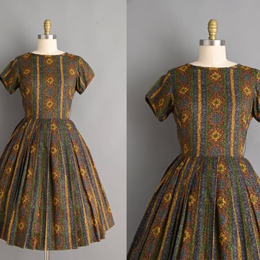 Vintage 1950s Dress | Green & Gold Stripe Print Full Skirt Shirtwaist Dress | Medium 