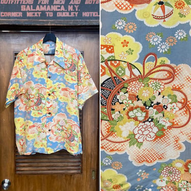 Vintage 1940’s Size XL Asian Japan Tiki Silk Loop Collar Hawaiian Shirt, 40’s Vintage Clothing 