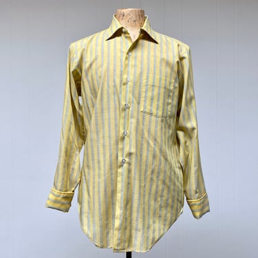 Vintage 1970s Yellow Striped Dress Shirt with French Cuffs by Arrow, Cotton/Polyester No Iron Shirt, 15 1/2 Neck / 32 Sleeve 