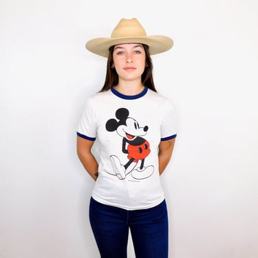 Mickey Mouse Ringer Shirt // vintage Walt Disney white tee cotton t-shirt t top blouse 70s hippy 80s jersey 1980s 70s // XS/S 