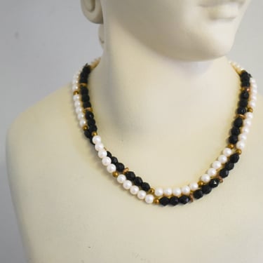 Vintage Faux Pearl and Black Crystal Bead Necklace 