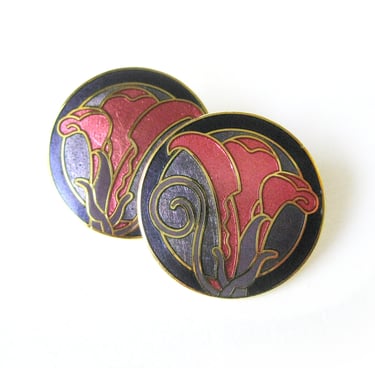 Vintage Cloisonne Enamel Earrings, Isle of Skye Calla Lily Flowers, Pierced Earrings, Post Earrings, Costume Jewelry, Pink and Purple Enamel 