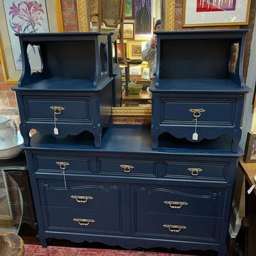 Matchy matchy! But sold separately!
Blue painted 7 drawer dresser. 56.6” x 20” x 33.5”
Nightstands 22” x 18” x 27”