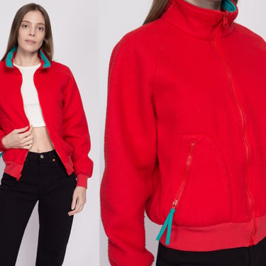 Medium 90s Red Fleece Cropped Jacket | Vintage Columbia Colorful Streetwear Bomber Coat 