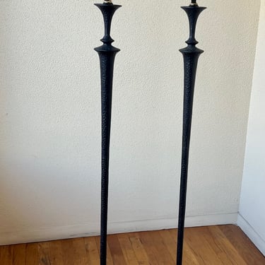 Pair of Brutalist Floor Lamps in Hammered Bronze with a Verdigris Finish