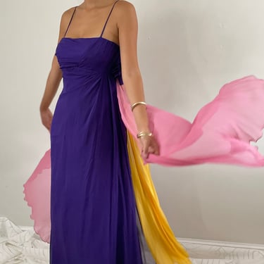 70s silk dress / vintage silk chiffon multicolor scarf ethereal sheer long evening maxi wedding guest spaghetti strapless dress 