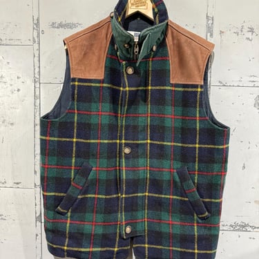 Vintage 1980s Gap Wool Vest with Leather Accents Country Tartan Plaid Design 