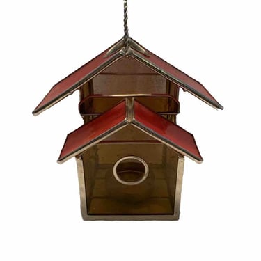 Vintage Votive Lantern Birdhouse Amber / Ruby Glass 