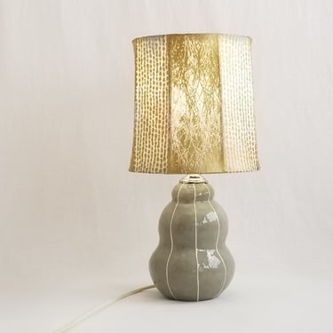 Gray ceramic table lamp with handmade shade in gold and silver 