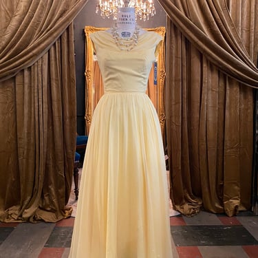 1950s formal gown, vintage prom dress, sheer yellow chiffon, jr theme, draped neckline, fit and flare, alternative wedding, 29 waist, 50s 