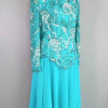 Beaded, 1980-90s -2 Piece - Skirt and Top - Beading on Silk -  by Black Tie - Aqua - Turquoise - Beaded - Formal Event - Hollywood Regency 