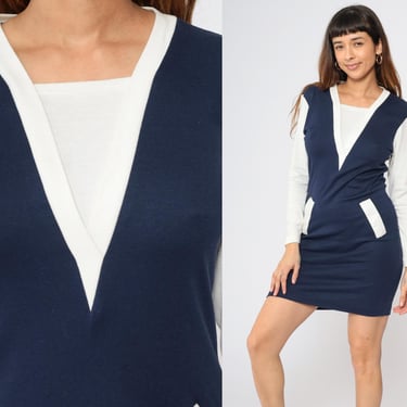 90s Bodycon Dress 90s Navy Blue Mini Dress White V Neck Tight Twofer Long Sleeve Sheath Body Con Dress Vintage Dress Retro Small 