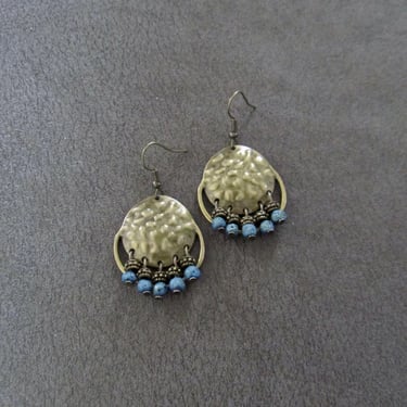 Chandelier earrings, hammered bronze and teal lava rock 