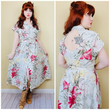 1980s Vintage Carol Anderson Rayon Khaki Floral Shirt Dress / 80s Flower Print Cut Out Back Belted Dress / Size Large - XL 
