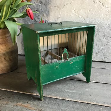 French Green Wood Birdcage, Rustic Bird Market Carrier, Garden Decor, Rustic Bird Carrier, Farmhouse 