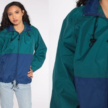 90s Colorblock Windbreaker Jacket Blue Green Color Block Jacket Warm Up Zip Up Nylon Retro Sportswear Vintage Streetwear 1990s Small S 