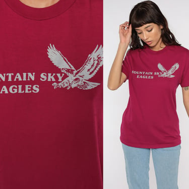 Mountain Sky Eagles Shirt 80s Phoenix Arizona High School T Shirt Animal Graphic Print Retro 90s Vintage Bird Tee Raspberry Red Medium 