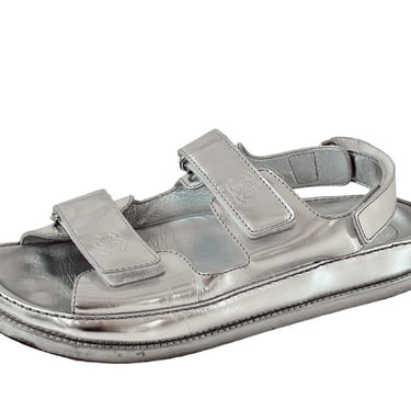 Vintage CHANEL CC Monogram Logo DAD Velcro Silver Leather Platform Sandals Gladiator Hiking Walking Shoes It 38 or 38.5 / Us 8 
