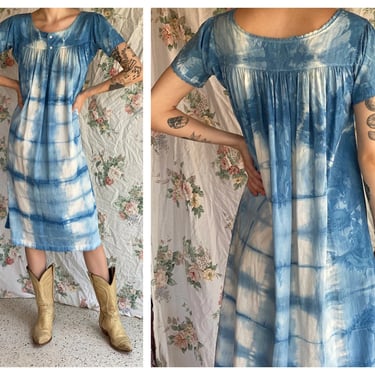 Vintage Indigo Dress / Antique Summer Dress / Cotton Indigo Peasant Dress / Indigo Dyed Blue Haute Hippie Dress / Festival / Boho Nightgown 