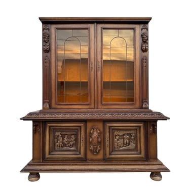 Antique Carved Wood China Cabinet with Amber Leaded Glass, European Figures & Key - 1900s French Renaissance Jacobean Style Sideboard Hutch 