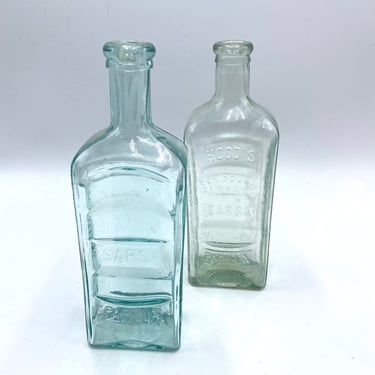Hood's Compound Extract Sarsaparilla VIntage Bottles, Lowell Mass., C.I. Hood & Co, Apothecaries, Clear/ Blue Tint Glass, Collectible Bottle 
