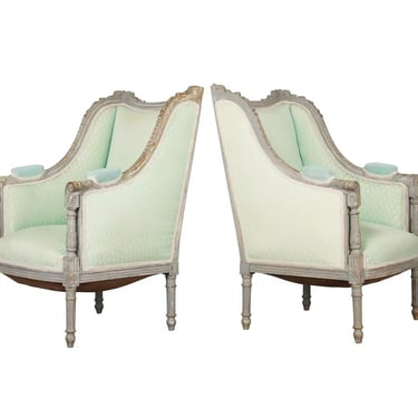DELIVERY CHARGE Antique French Louis XVI Style Wingback Painted Armchairs - A Pair 
