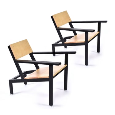 Pair of John Hoverson Moderondack Industrial Maple and Black Steel Lounge Chairs 