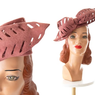 Vintage 1940s Tilt Hat | 40s Oversized Leaf Bow Cutout Fuzzy Dusty Pink Rose Wool Felt Statement Juliet Cap 