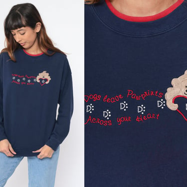 Y2K Dog Sweatshirt Dogs Leave Pawprints Across Your Heart Rhinestone Sweater Embroidered Heart Double Crewneck Navy Blue Vintage 00s Medium 