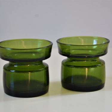 Vintage Danish Modern Green Glass Candle Holders by Dansk, Denmark - pair 