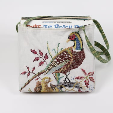 Handmade Tote Bag - Transformed / Repurposed Vintage Cross Stitch - Pheasants & Plaid 