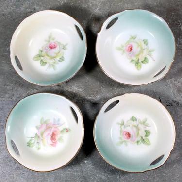 Set of 4 Prince Regent China Bavarian Porcelain Salt Dishes - Antique German Porcelain - Small Bowl - Rose Dish - Early 1900s | Bixley Shop 