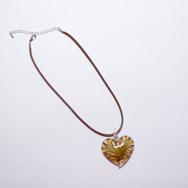 Vintage Art Glass Heart Pendant with Brown Swirls 