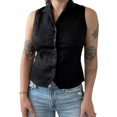 Vintage 1990s Valerie Stevens Black 100% Linen Sleeveless Blouse Size PM 