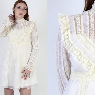 Vintage 70s Bohemian Prairie Wedding Dress, 1970's Classic Sheer Floral Lace Bridal Party Mini 