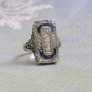 Antique Art Deco 18K White Gold, Diamond and Sapphire Ring, 18K Diamond and Sapphire Filigree Ring, 18K Art Deco Ring  (#4304) 