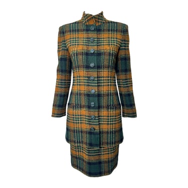 Emanuel Ungaro 1990's Green and Yellow Plaid High Collar Skirt Suit