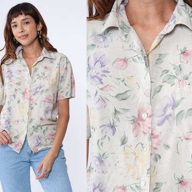 Floral Blouse 90s Button Up Shirt Beige Short Sleeve Collared Top Flower Leaf Print Boho Retro Bohemian Cotton Blend Vintage 1990s Large 