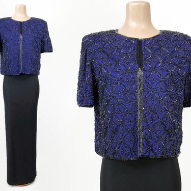 VINTAGE 80s Blue and Black Beaded Evening Jacket Sequin Blouse by Stenay | 1980s Embellished Trophy Top |  VFG 