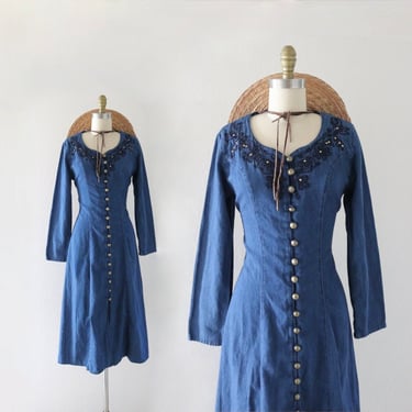 tie back button front dress - m - vintage 90s y2k blue denim jean chambray embroidered size medium long sleeve midi dress 
