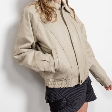 CREAM LEATHER BOMBER jacket vintage unisex fall winter oversize heavy 90's / Small Medium 