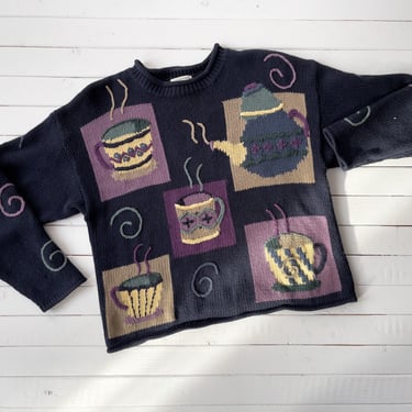 cute cottagecore sweater | 90s vintage Christopher & Banks teapot teacup navy blue novelty embroidered cotton sweater 