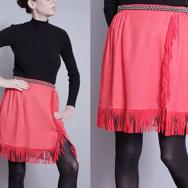 Vintage 1980's | Red | Western Style | Fringe | Skirt | M 